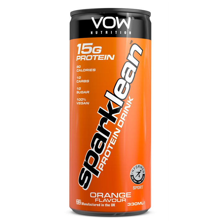 VOW Nutrition Sparklean Protein Drink with orange flavor in black and orange can