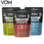 Three VOW Nutrition Creatine Chews pouches in different flavors for better physical performance