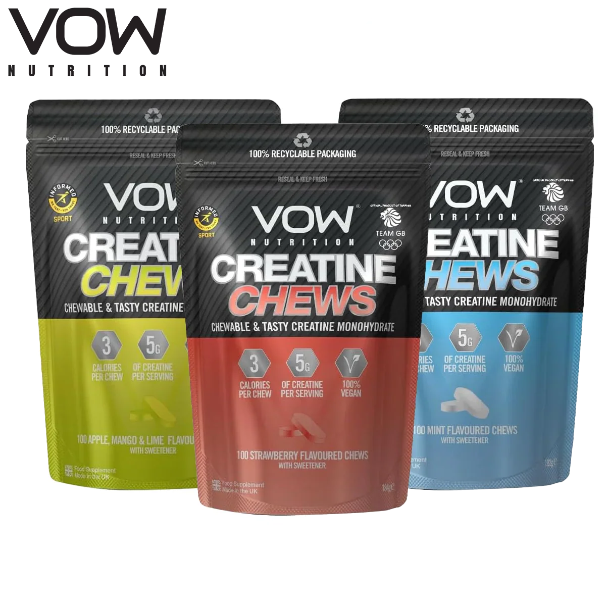 Three VOW Nutrition Creatine Chews pouches in different flavors for better physical performance