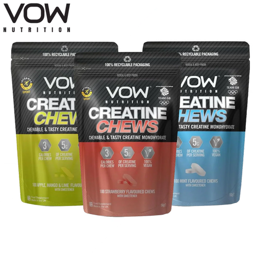 Three VOW Nutrition Creatine Chews pouches in different flavors for better physical performance