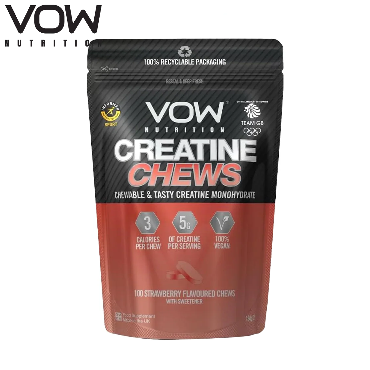 VOW Nutrition Creatine Chews pouch with strawberry-flavored chewable creatine for better physical performance