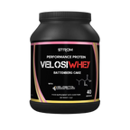 Black Strom Sports VelosiWhey tub with Battenberg Cake flavor protein powder