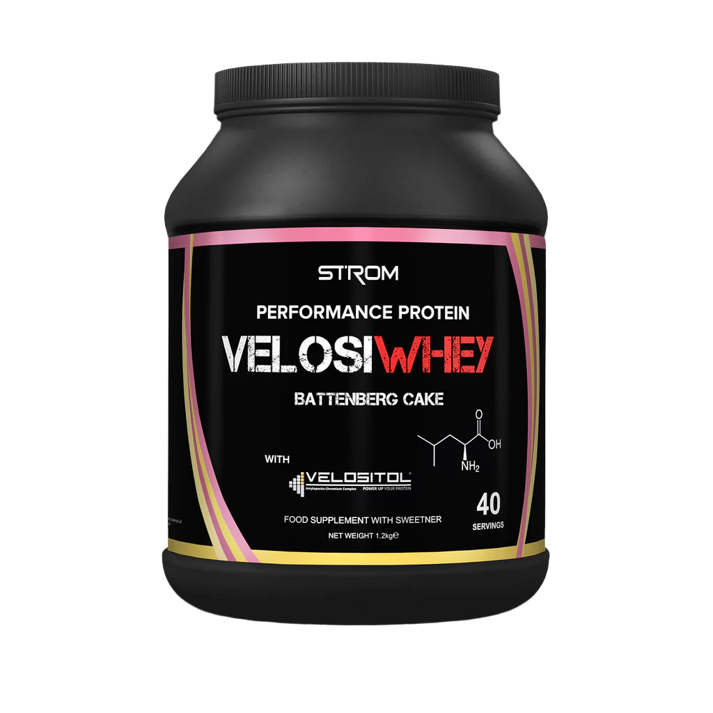 Black Strom Sports VelosiWhey tub with Battenberg Cake flavor protein powder