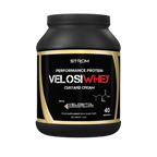 Black Strom Sports VelosiWhey protein powder tub with gold label for muscle gains