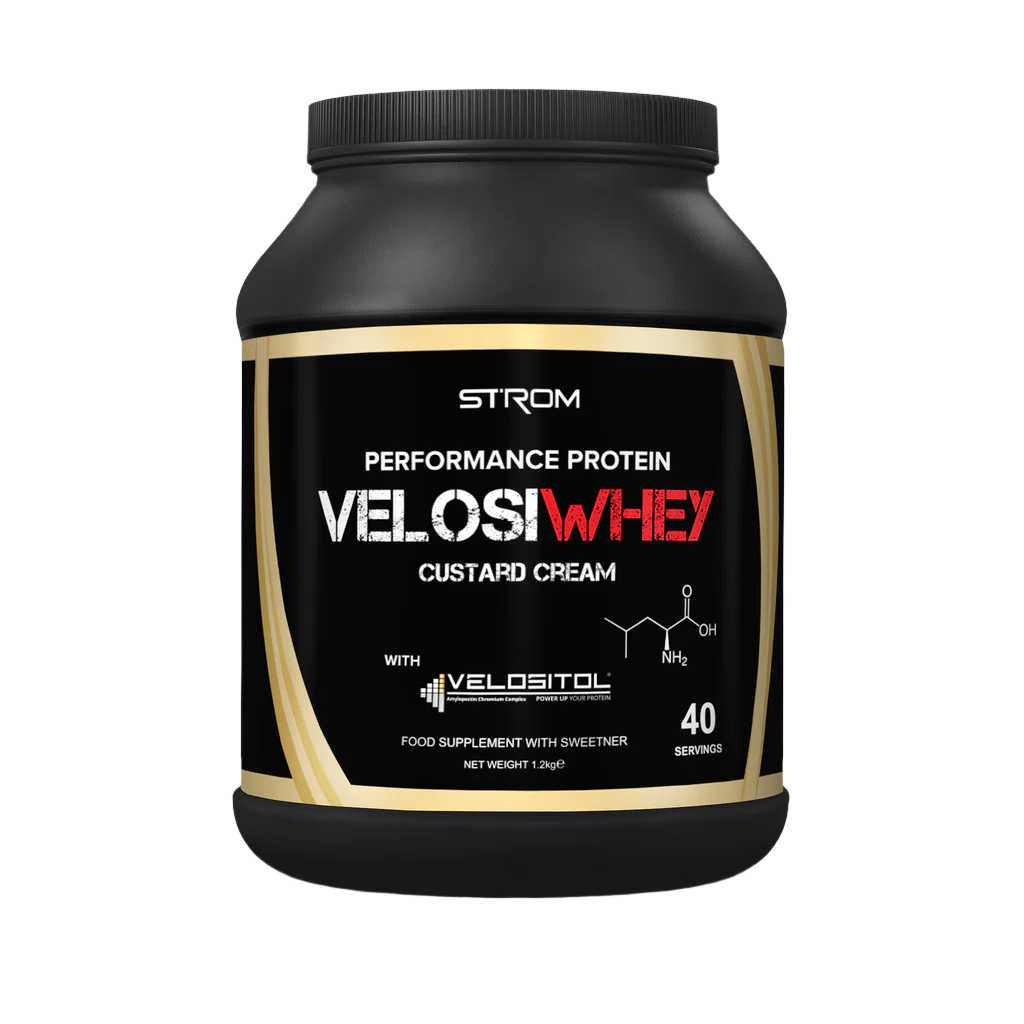 Black Strom Sports VelosiWhey protein powder tub with gold label for muscle gains