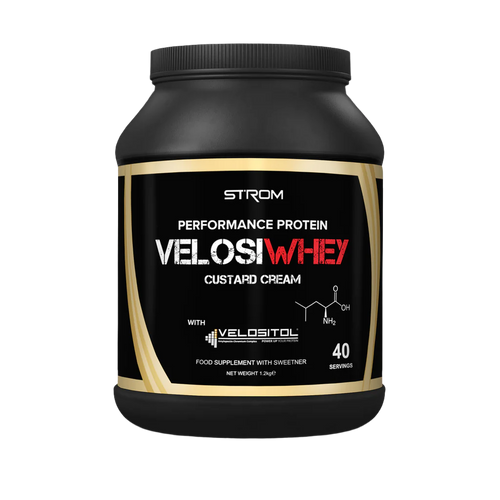 Black Strom Sports VelosiWhey protein powder tub with gold label for muscle gains