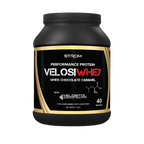 Black and gold Strom Sports VelosiWhey protein tub for muscle gains