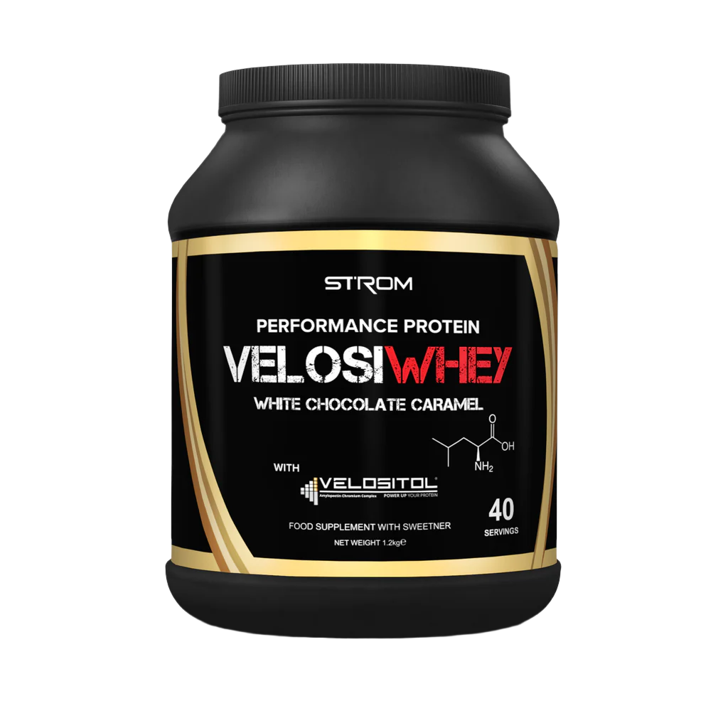 Black and gold Strom Sports VelosiWhey protein tub for muscle gains