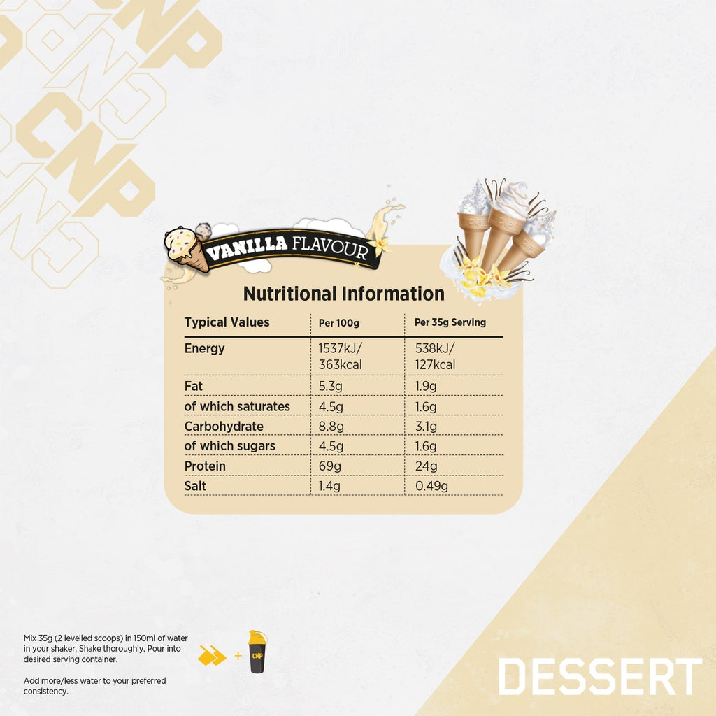 CNP Professional Dessert vanilla supplement with detailed nutrition info and digestive enzymes
