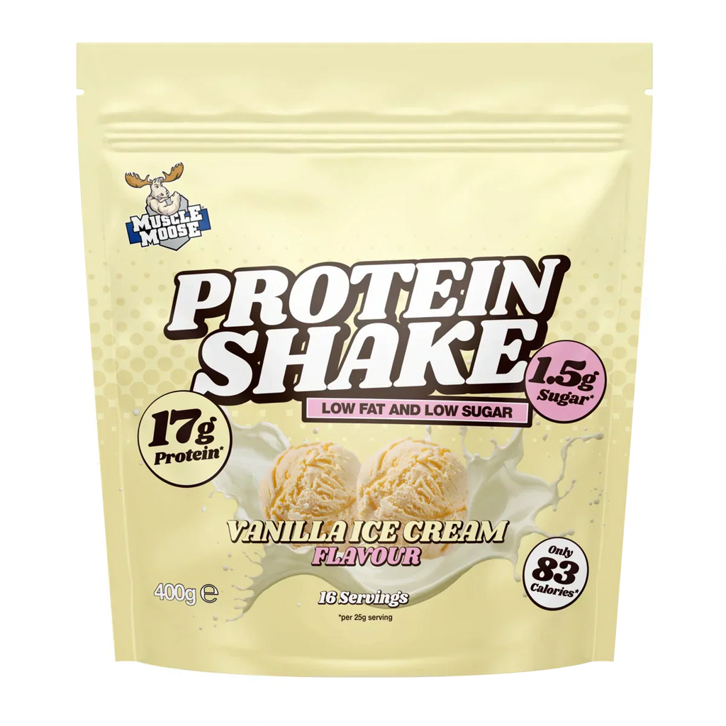 Vanilla muscle moose protein shake powder pouch for muscle recovery and flavor boost