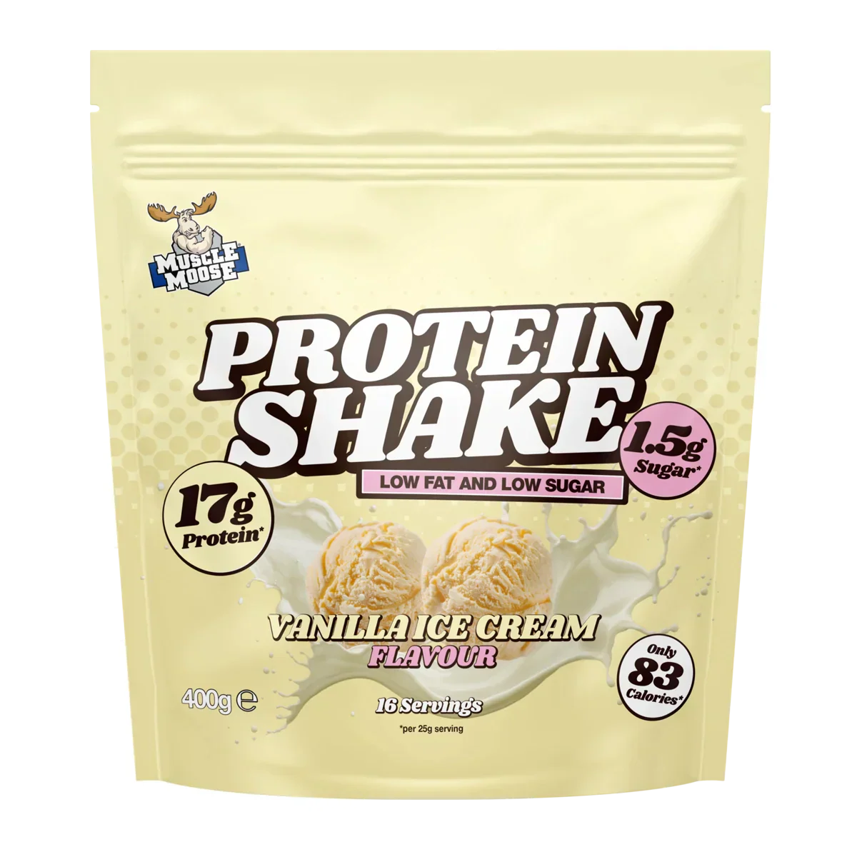Vanilla muscle moose protein shake powder pouch for muscle recovery and flavor boost