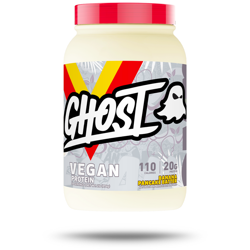 Ghost Vegan Protein container with Banana Pancake Batter flavor soy free plant-based protein blend