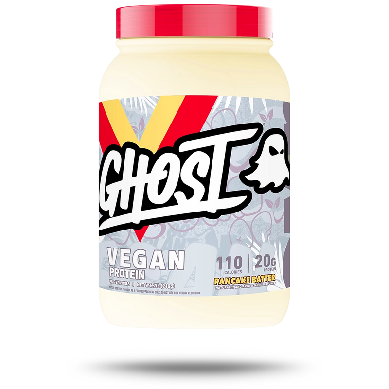 Ghost Vegan Protein tub in pancake batter flavor, soy free plant-based protein blend
