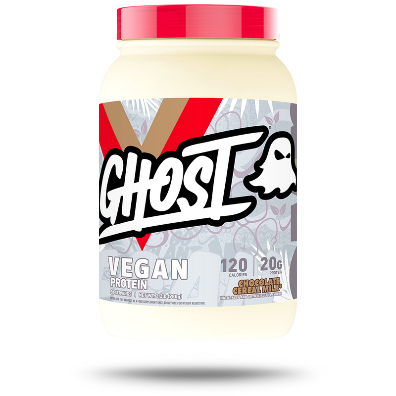 Ghost Vegan Protein tub with soy free plant-based protein blend in Chocolate Cereal Milk flavor