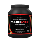 Black plastic tub of Strom Sports VelosiWhey Cherry Bakewell protein powder 1.2kg