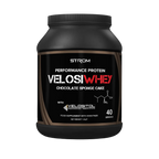Black tub of Strom Sports VelosiWhey chocolate sponge cake protein powder 1.3kg