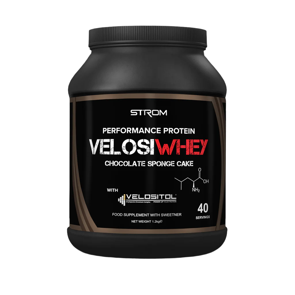 Black tub of Strom Sports VelosiWhey chocolate sponge cake protein powder 1.3kg