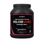 Black Strom Sports VelosiWhey tub with pink accents in raspberry ripple flavor