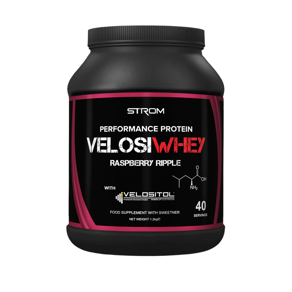 Black Strom Sports VelosiWhey tub with pink accents in raspberry ripple flavor