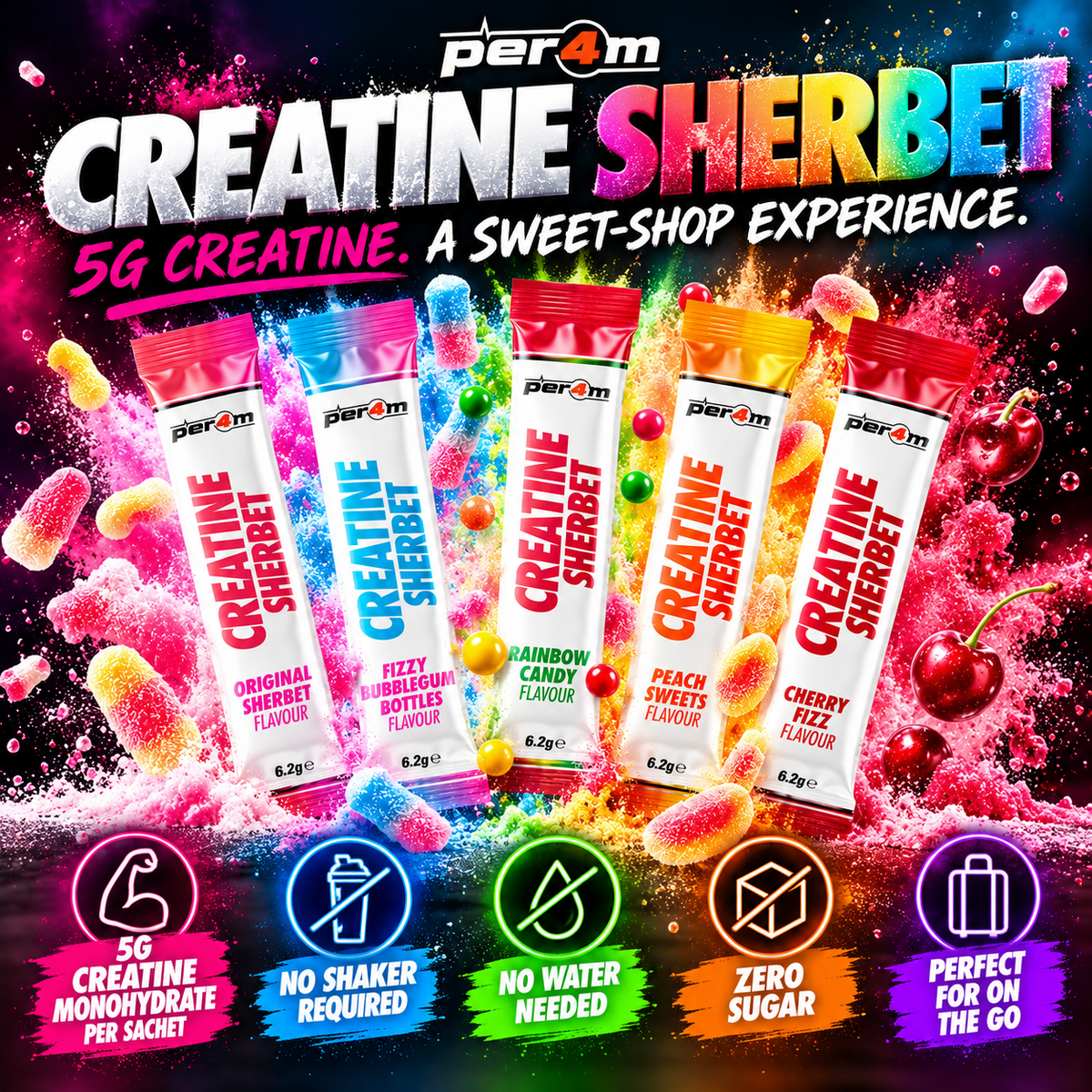 Per4m Creatine Sherbet Stick Packs – 5g Creatine Monohydrate – 20 Sachets