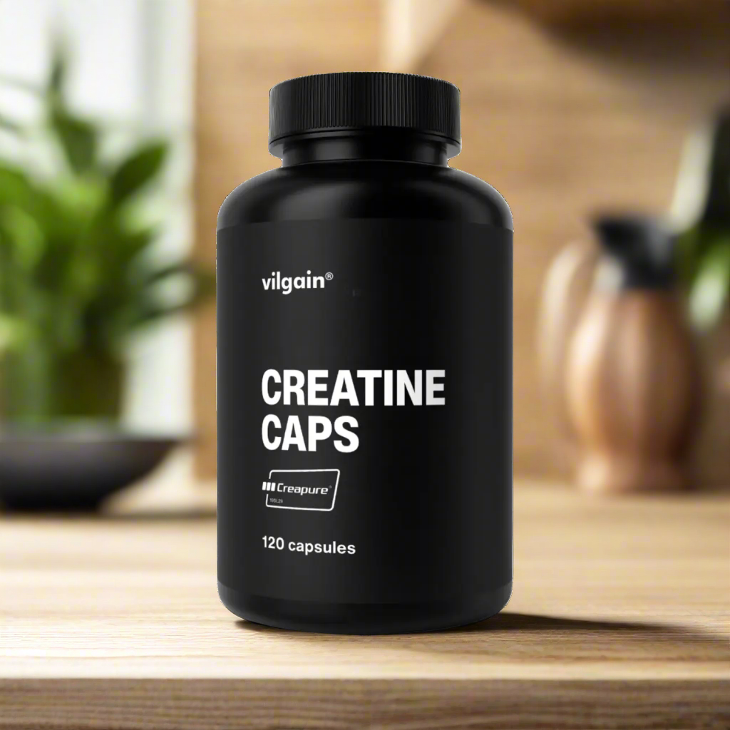 Black bottle of Vilgain Creatine Creapure capsules for sports nutrition