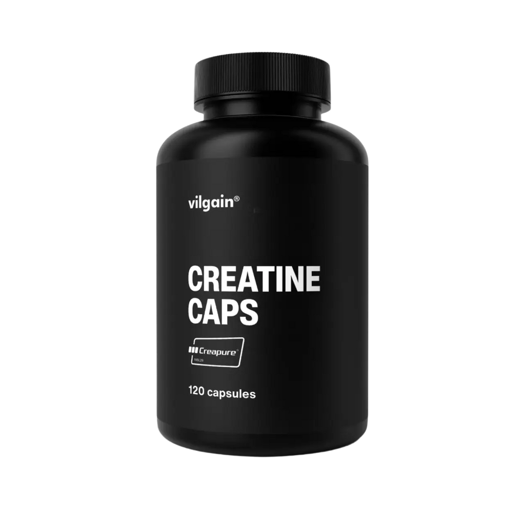 Black plastic bottle of Vilgain Creatine Creapure capsules for optimal muscle support