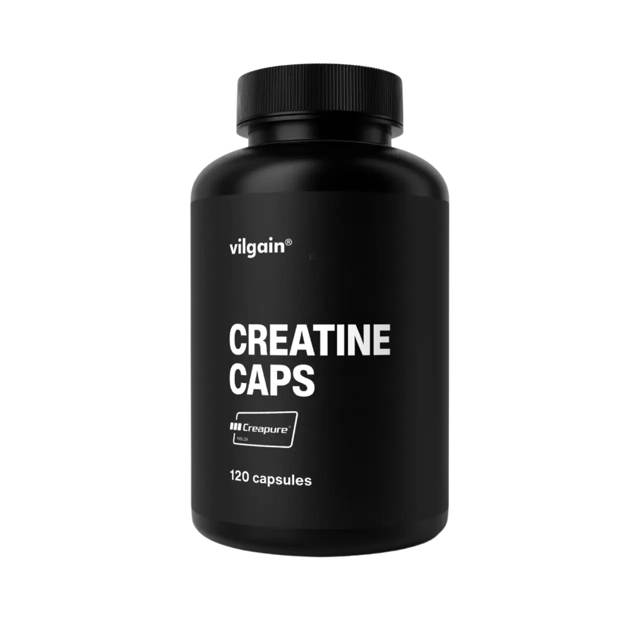 Black plastic bottle of Vilgain Creatine Creapure capsules for optimal muscle support