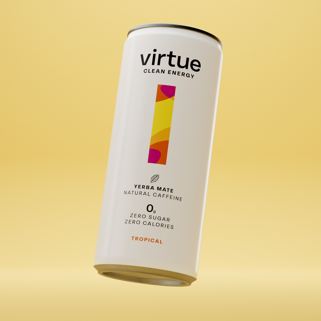 White Virtue Clean Energy Yerba Mate can with colorful stripe, natural caffeine drink