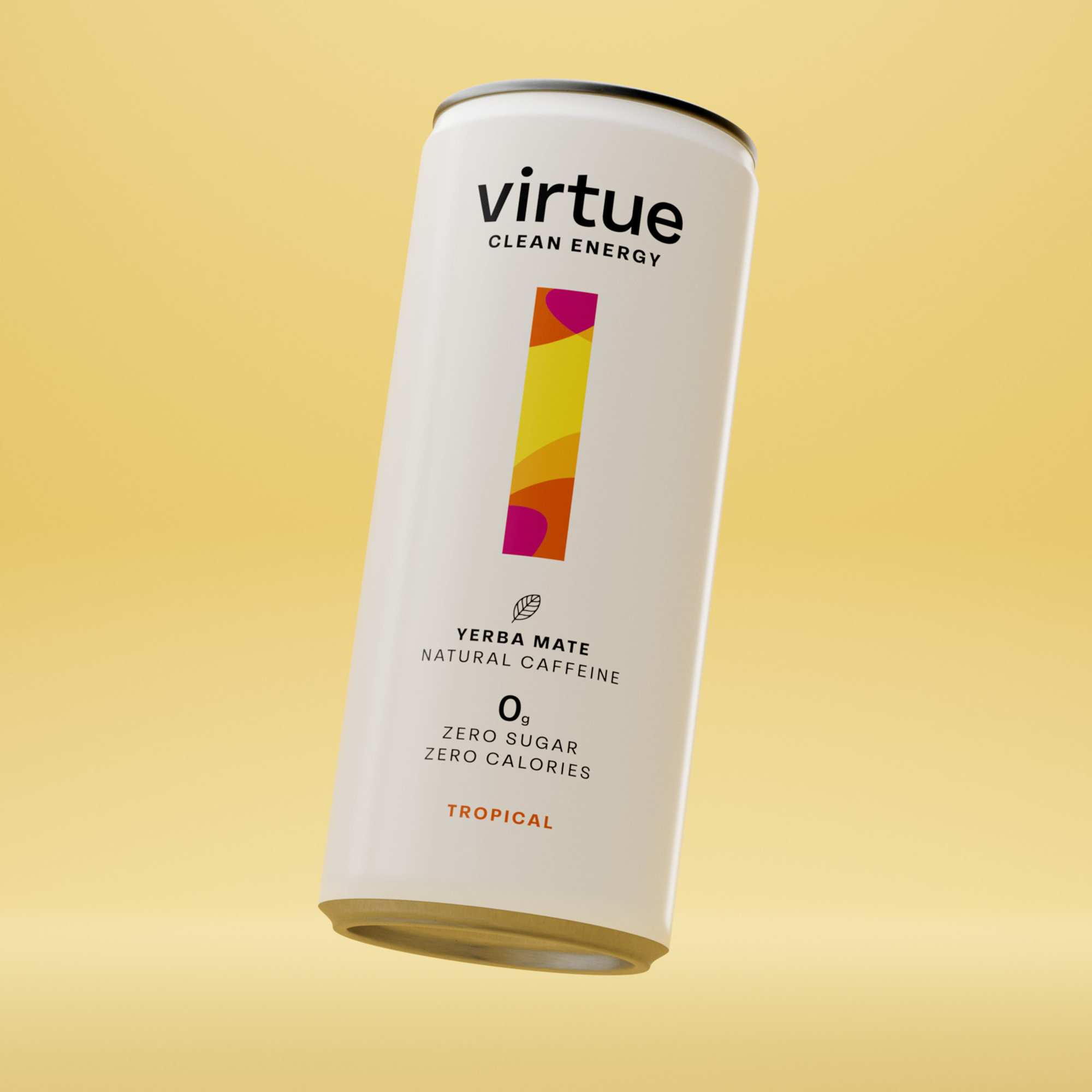 White Virtue Clean Energy Yerba Mate can with colorful stripe, natural caffeine drink