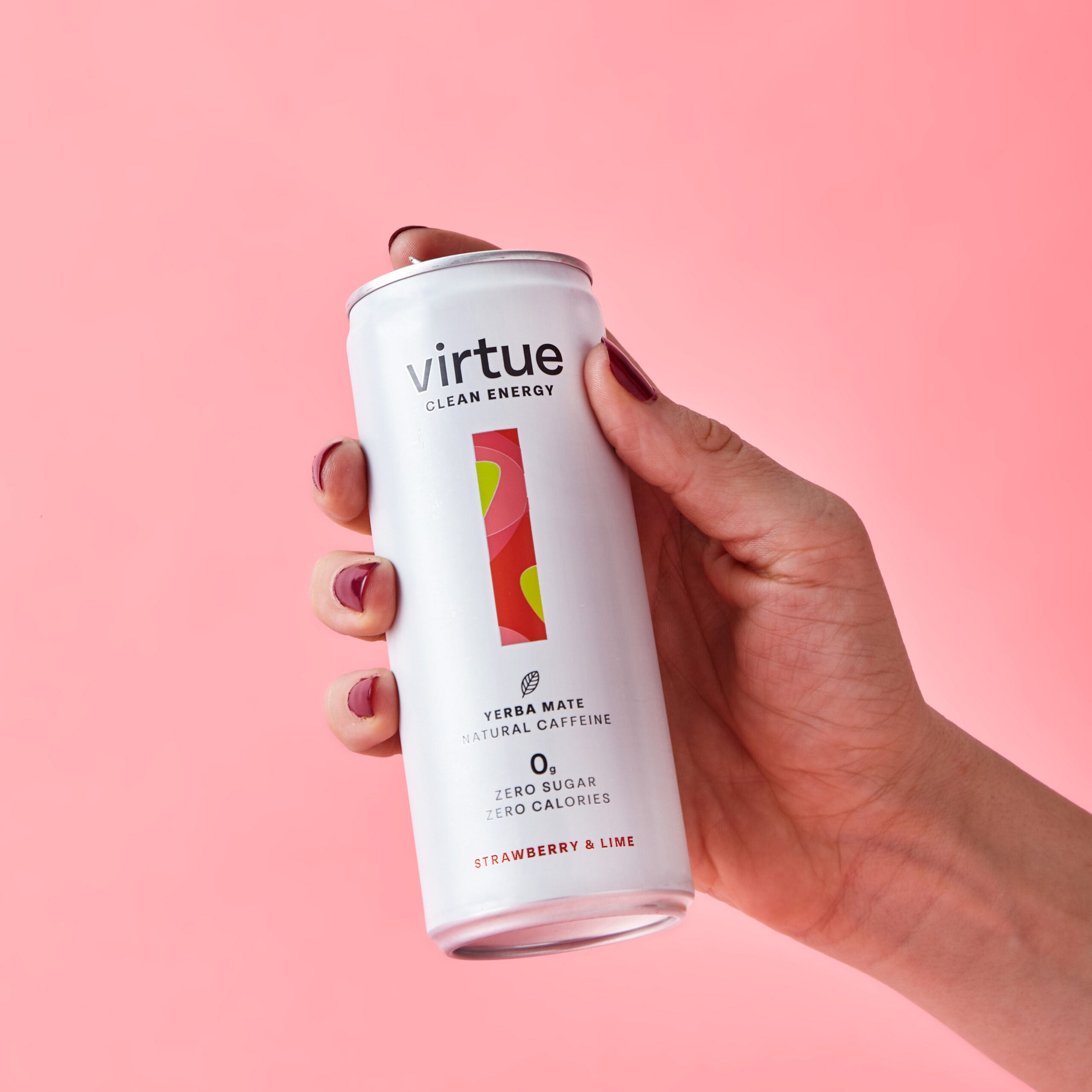 White Virtue Clean Energy Yerba Mate can with strawberry lime flavor, zero sugar calories