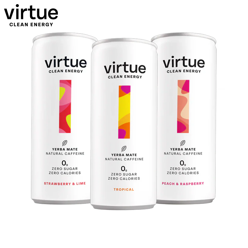 Three Virtue Clean Energy Yerba Mate cans showing natural caffeine drink energy boost