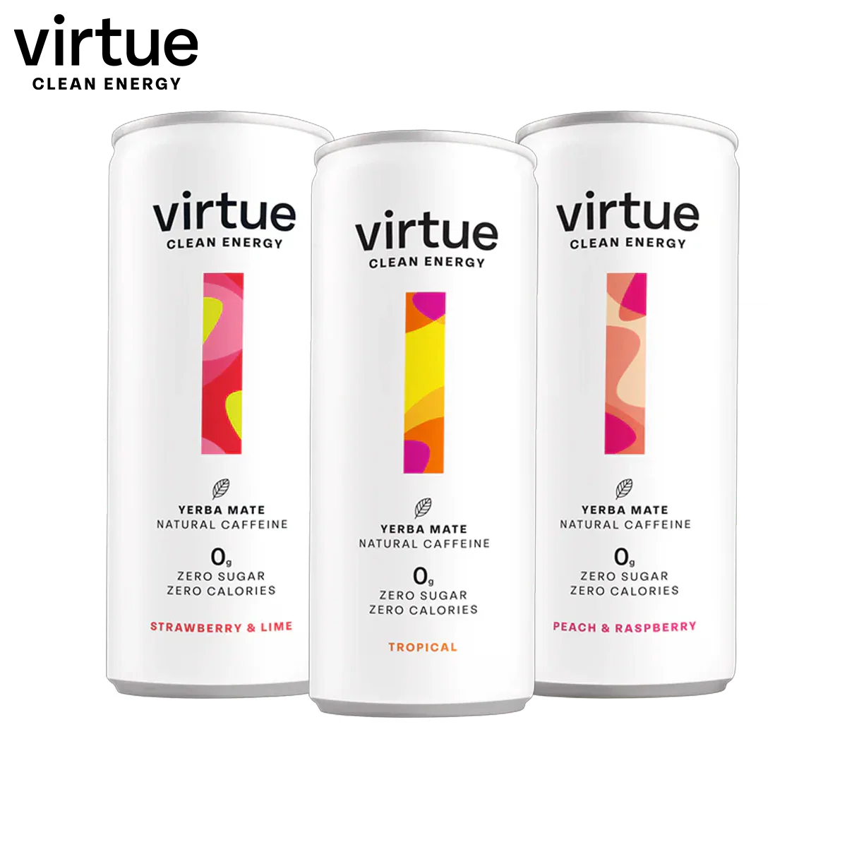 Three Virtue Clean Energy Yerba Mate cans showing natural caffeine drink energy boost