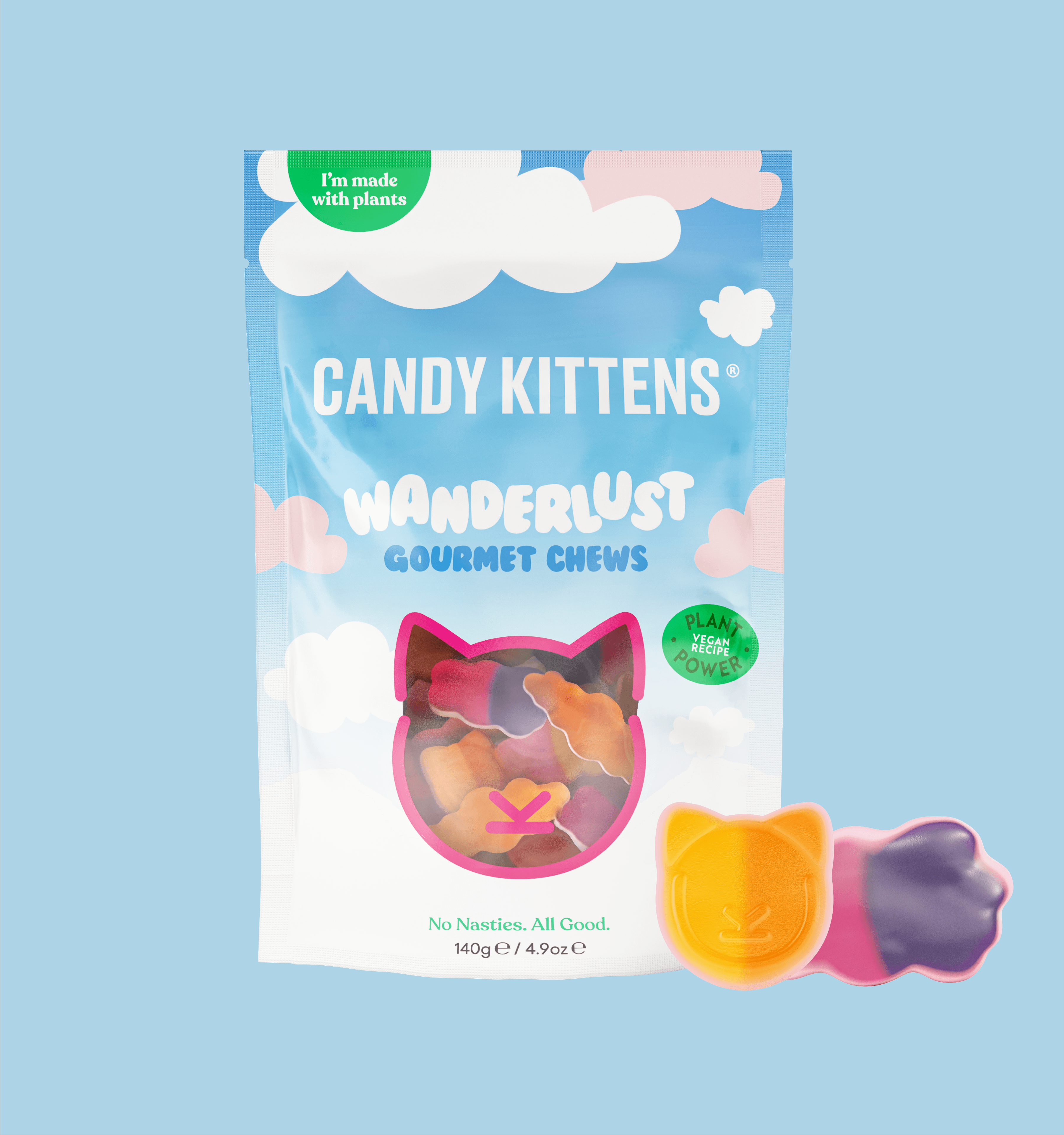 Colorful Candy Kittens Wanderlust gummies in a bag with two candies, perfect for kittens 10x140g