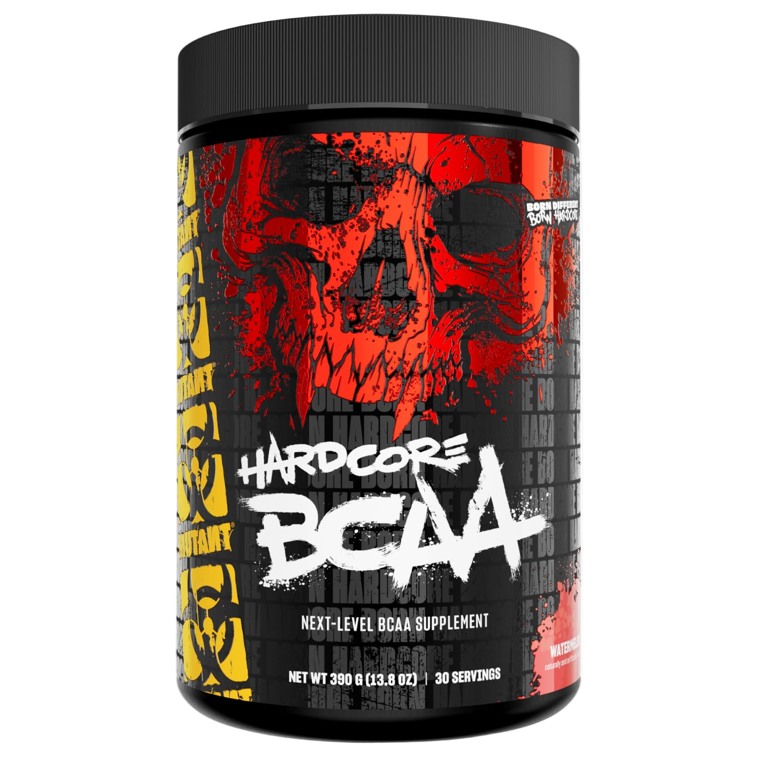 Supplement container with red skull design and 'Hardcore BCAA' text on a white background