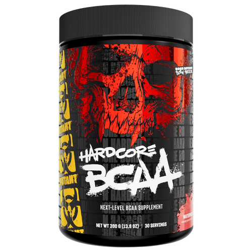 Supplement container with red skull design and 'Hardcore BCAA' text on a white background