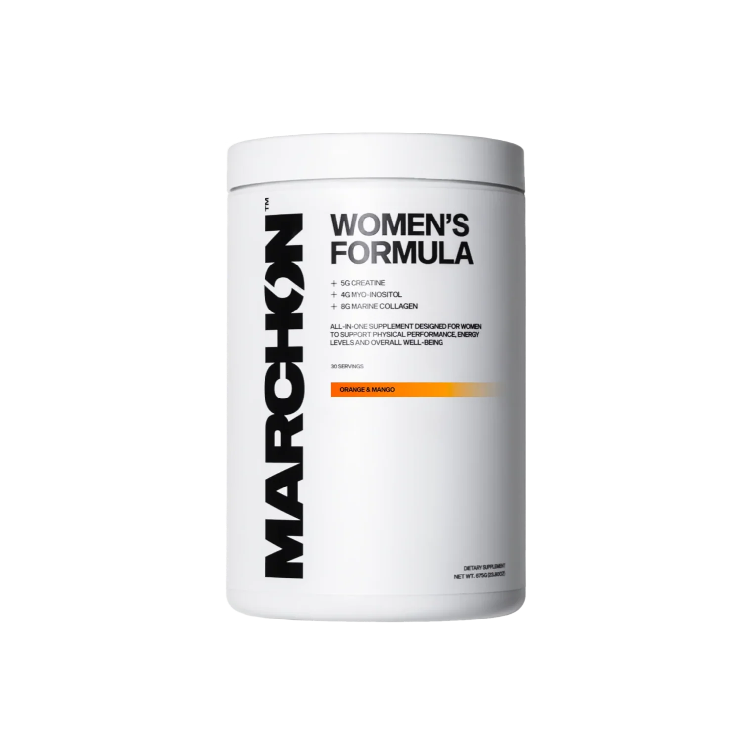 White cylindrical container of Marchon™ Women’s Formula with marine collagen for hormonal balance