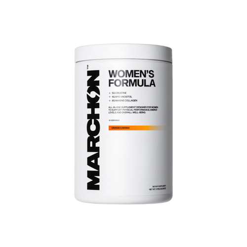 White cylindrical container of Marchon™ Women’s Formula with marine collagen for hormonal balance
