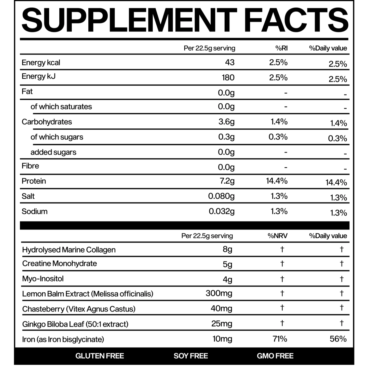 Nutritional facts label for Marchon™ Women’s Formula with marine collagen and hormonal balance