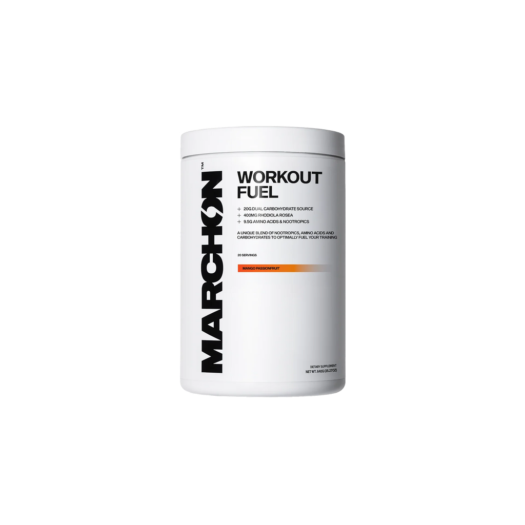 Container of Marchon Workout Fuel on a white background