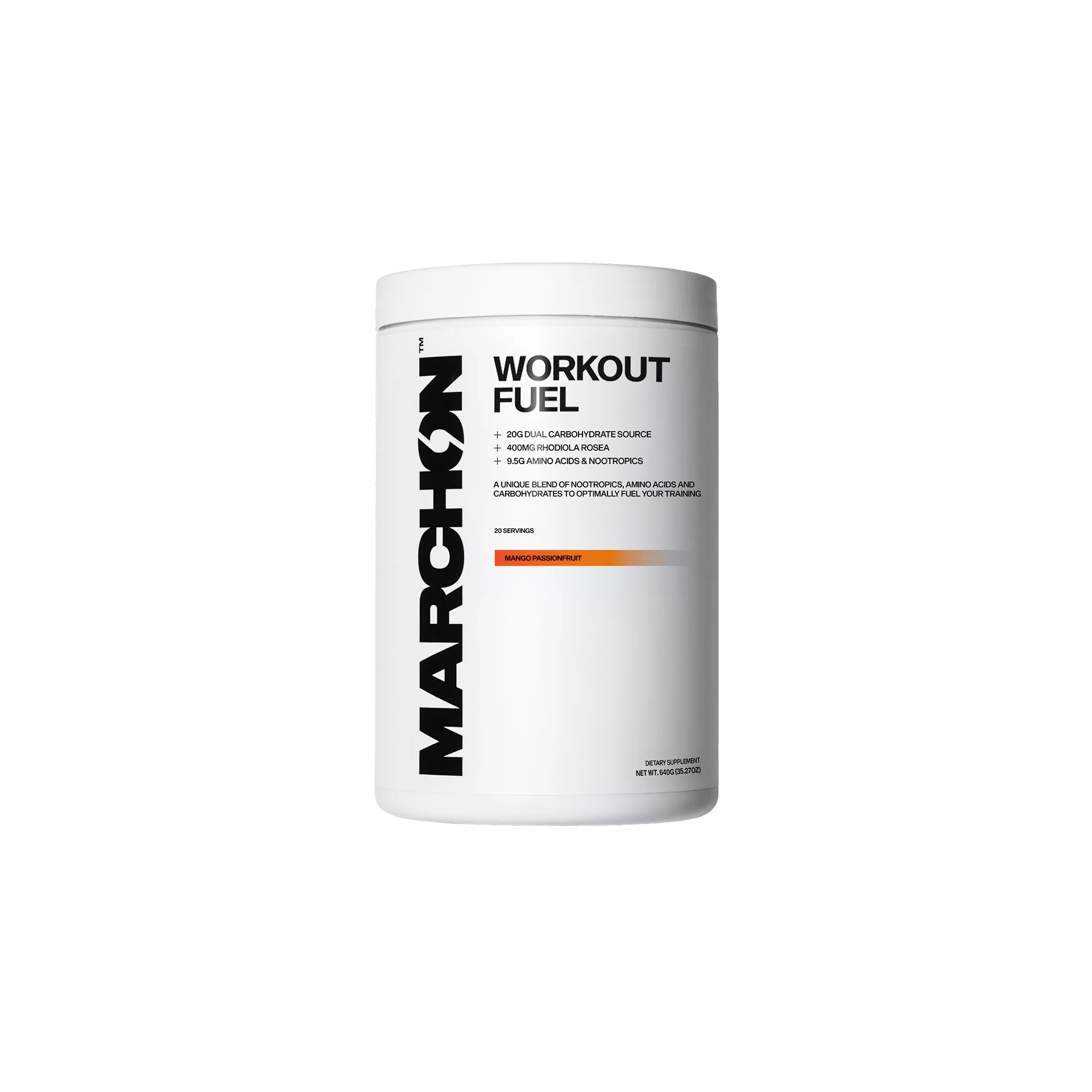 Container of Marchon Workout Fuel on a white background