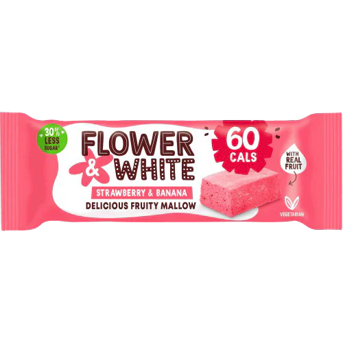 Pink-packaged Flower & White Fruity Mallow with delicious strawberry flavor and 60 calories