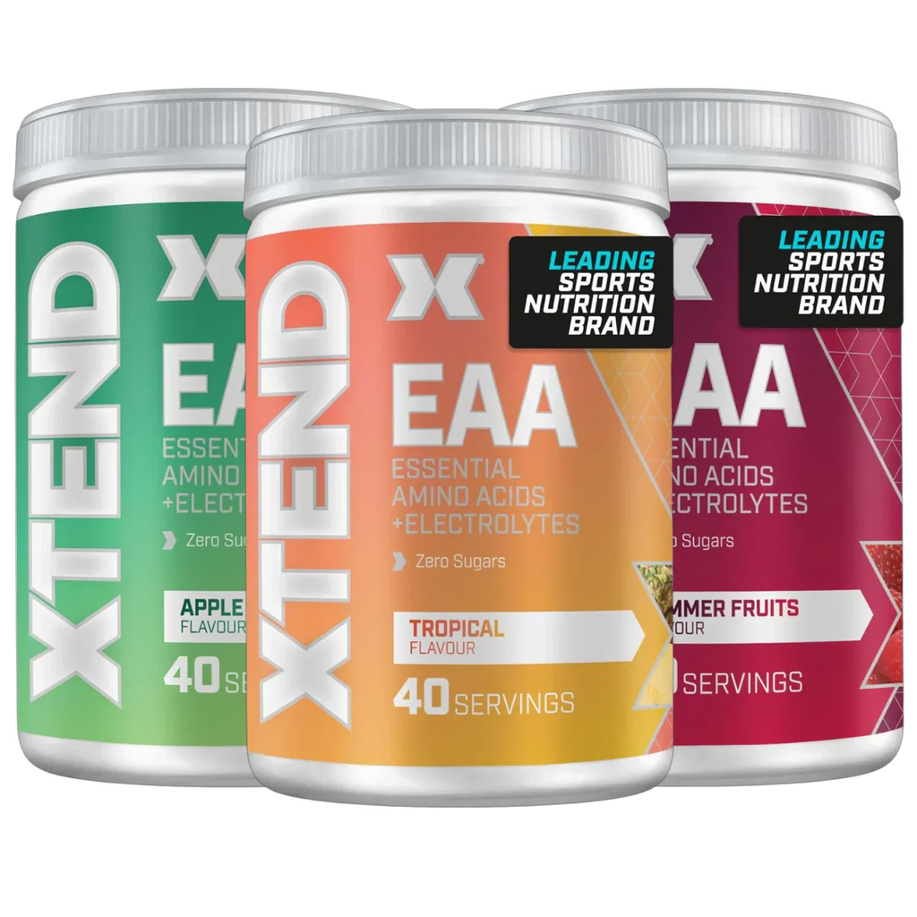 Three XTEND EAAs containers with apple, tropical, and summer fruits flavors, 40 servings each