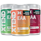 Three XTEND EAAs containers with apple, tropical, and summer fruits flavors, 40 servings each