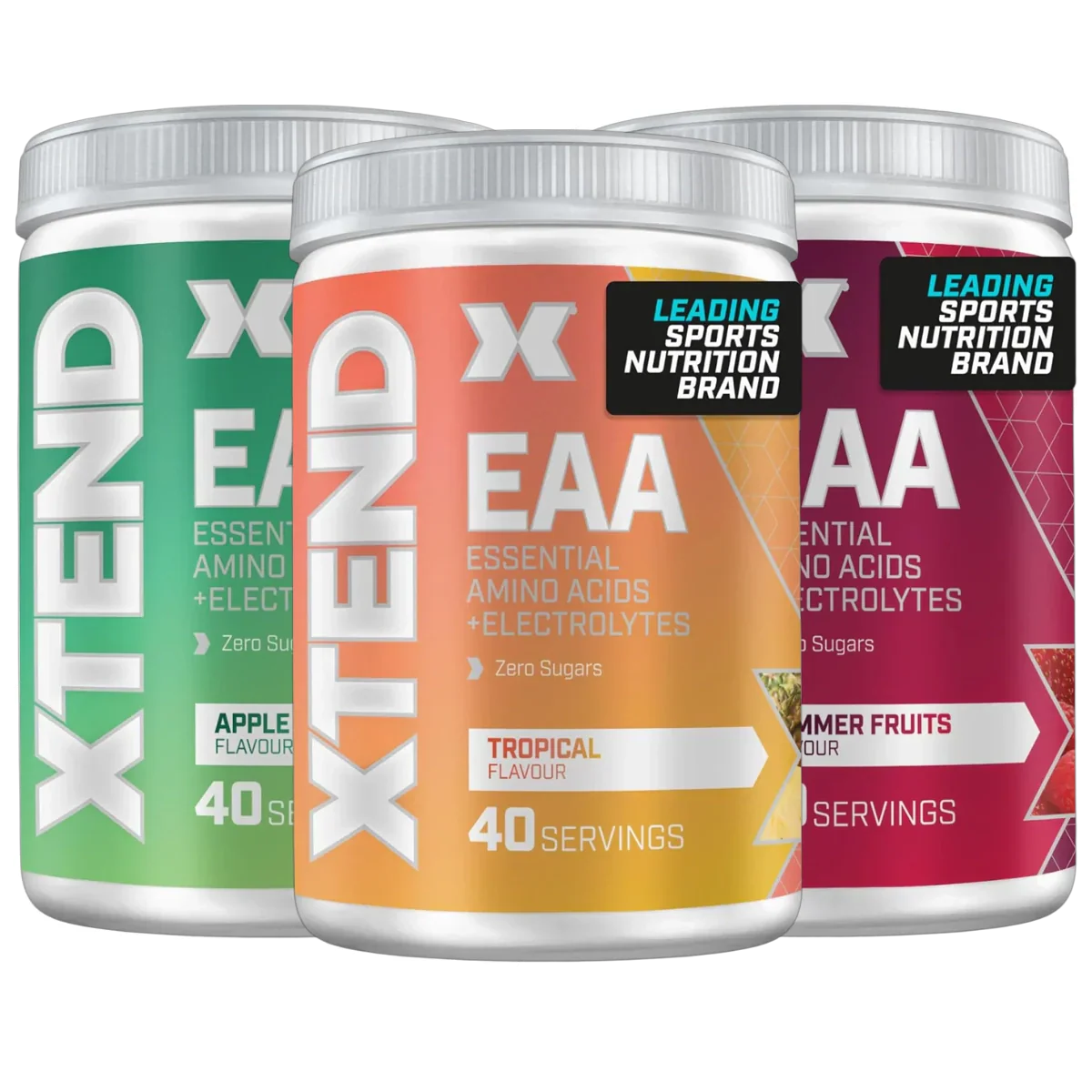 Three XTEND EAAs containers with apple, tropical, and summer fruits flavors, 40 servings each