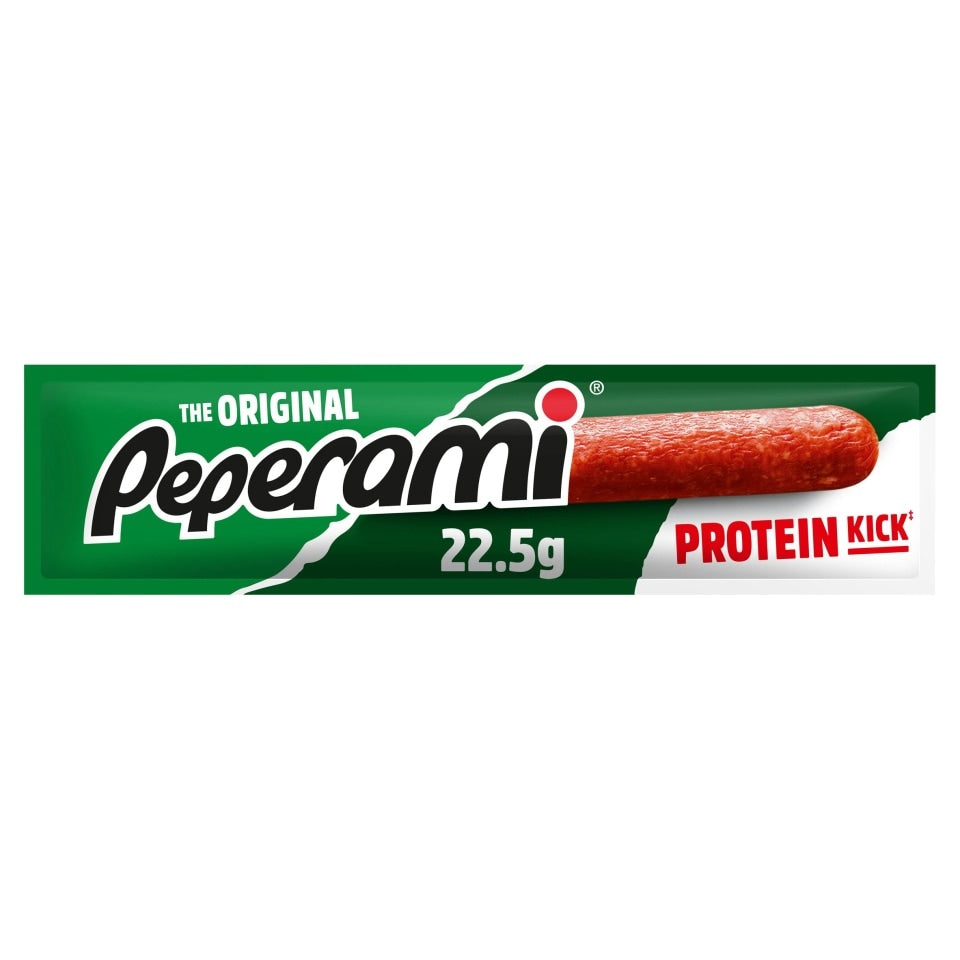 Packaged Peperami Salami meat stick with PROTEIN KICK branding, 22.5g snack
