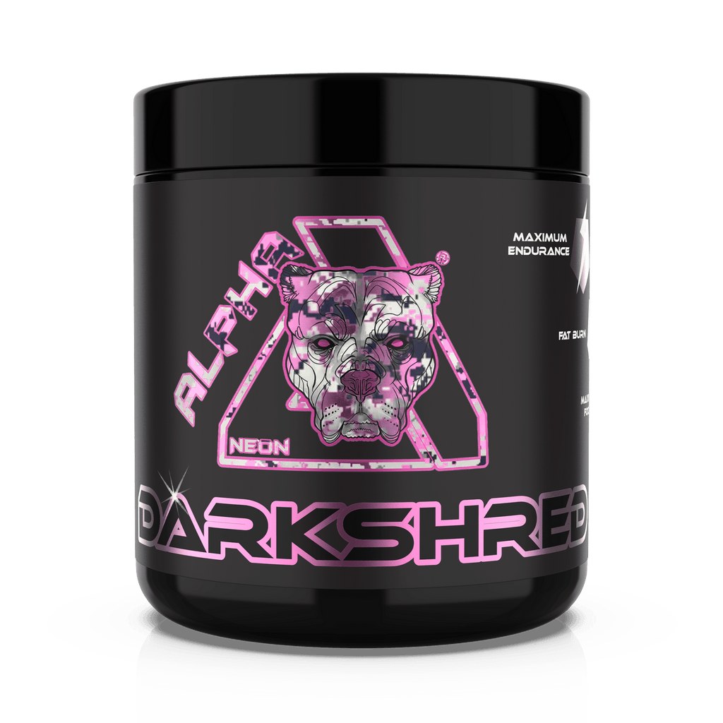 Black Alpha Neon Darkshred container with pink and white graphics for a supplement