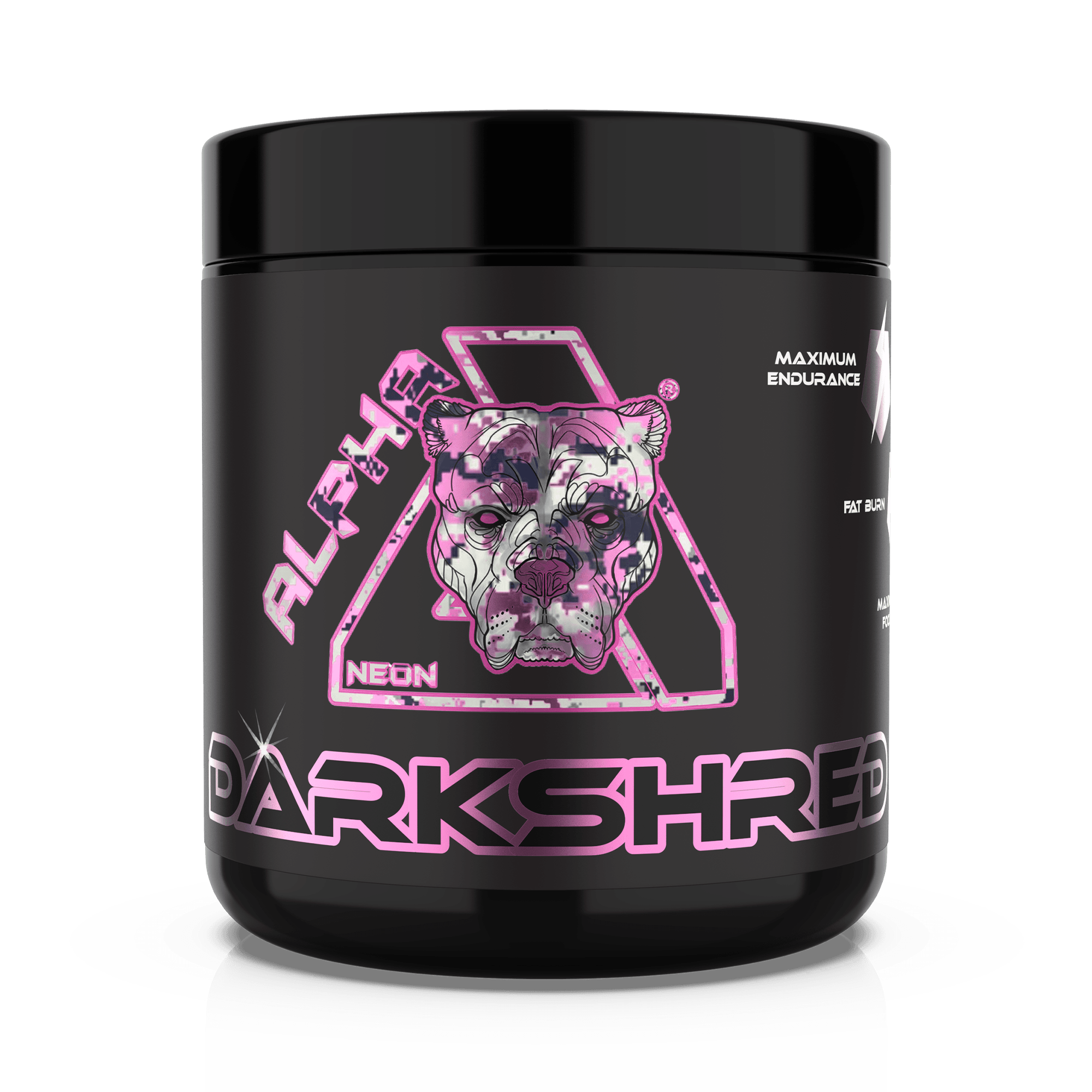 Black Alpha Neon Darkshred container with pink and white graphics for a supplement