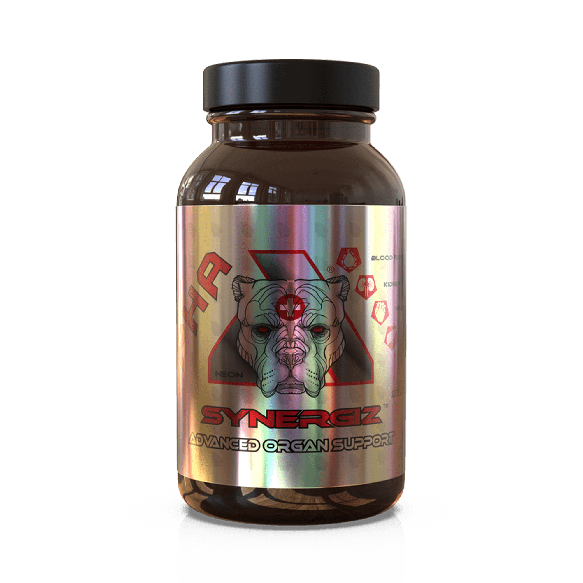 Alpha Neon Synergiz supplement bottle with holographic label for managing stress