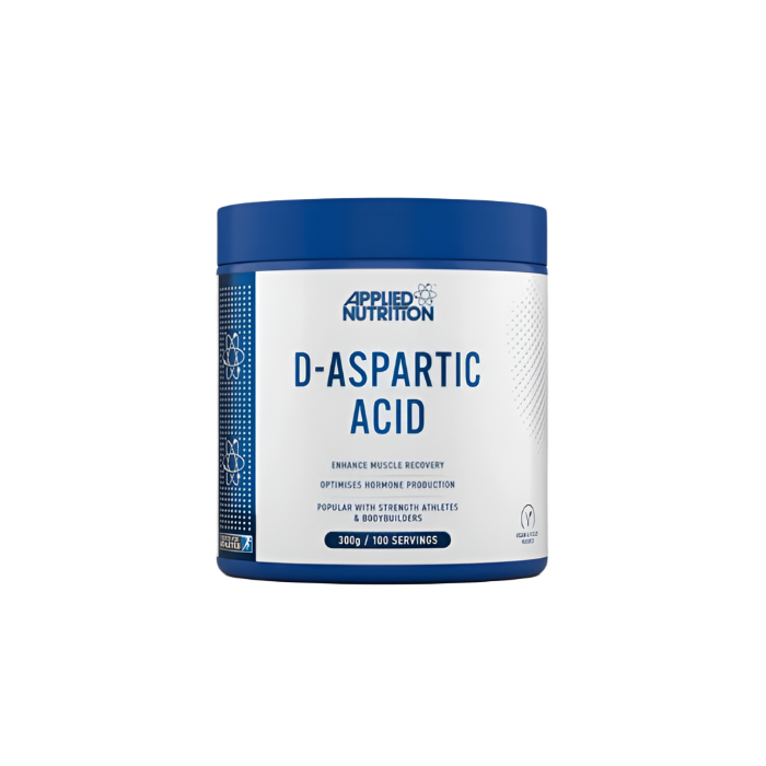 Blue and white Applied Nutrition D-Aspartic Acid supplement tub for boosting testosterone levels