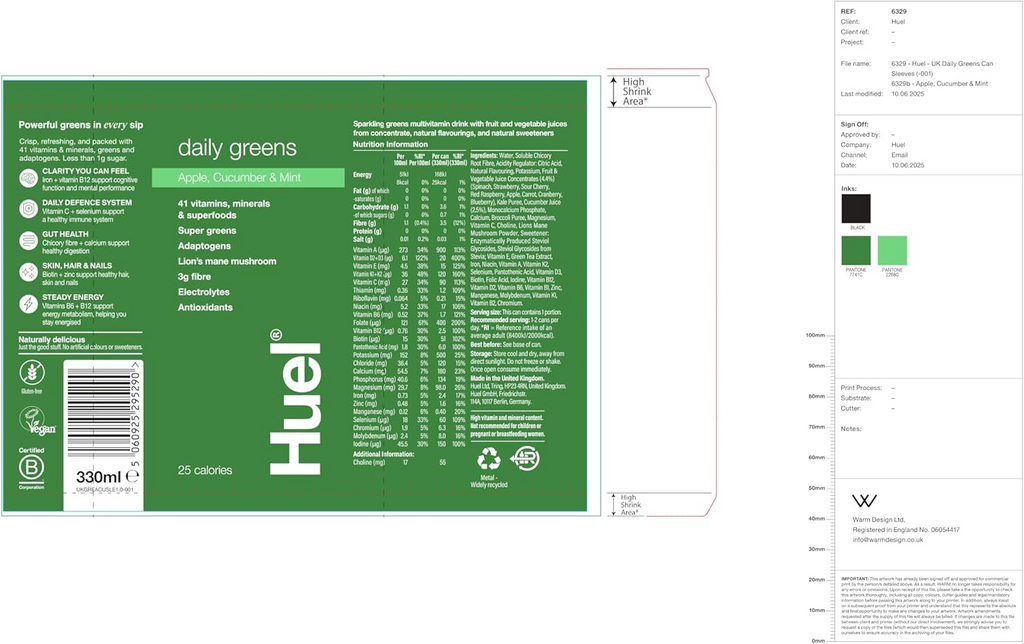 Huel Daily Greens Sparkling Drink 12x330ml - MyGymSupplements